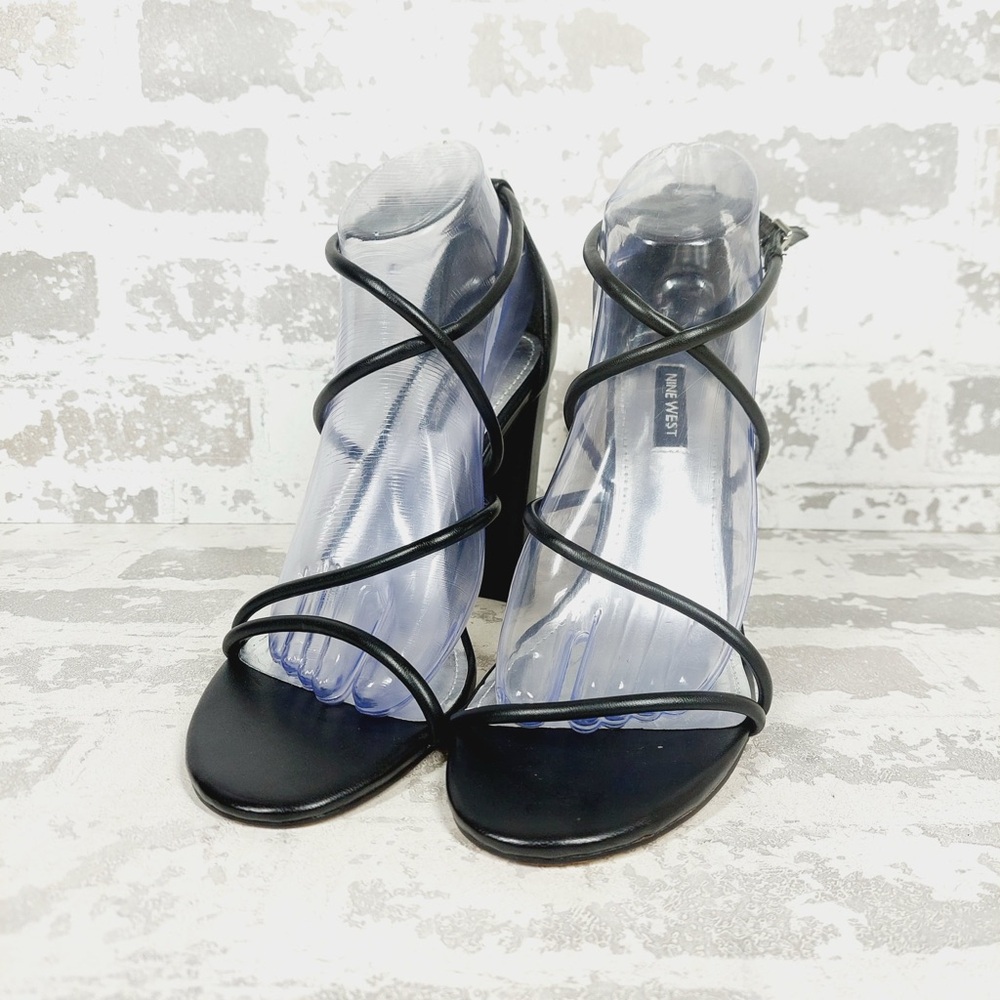 NEW Nine West Maer 3 Black Faux Leather Strappy Block Heels T116 - Picture 2 of 14
